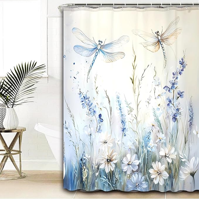 Dreamrflove Dragonfly Shower Curtain, 1-Pack Dragonfly Bathroom Shower Curtain, Blue Vintage Plant Flowers Fabric Bathroom Decoration, 72x72 Inch Waterproof Polyester Insulation Home Accessories
