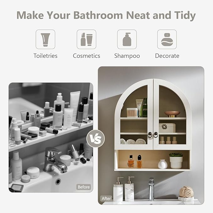 IFGET Bathroom Arched Wall Cabinet, 23.6'' Wide Medicine Cabinet with Adjustable Shelves & Glass Doors, Over The Toilet Storage Wall Mount Cabinet for Laundry Room,Kitchen & Living Room, Antique White