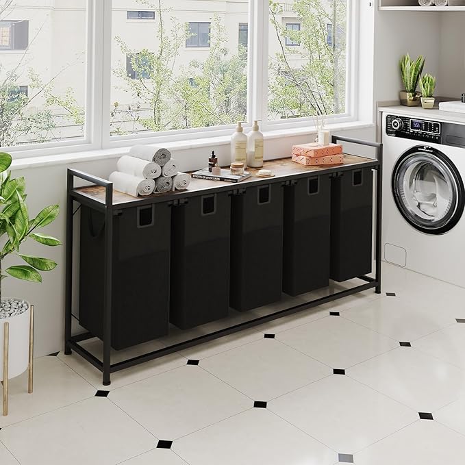 LIVEHOM Laundry Basket Five Laundry Hamper with Removable Bags, Fabric Handles, Large Top Shelf and Laundry Bag for Bathroom, Dorm, Laundry Room