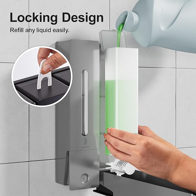 Shampoo and Conditioner Dispenser 2-Chamber Wall-Mounted Shower Soap Dispenser, No-Drill Installation, 800ML Capacity, Ideal for Bathrooms and Hotels (Silver)