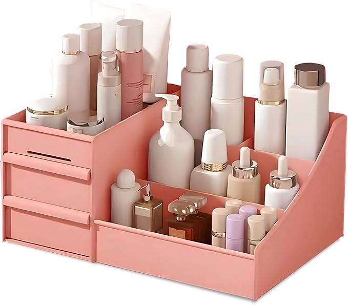 Makeup Organizer Countertop With 4 Beauty Blenders - Skincare and Bathroom Storage for Vanity and Counter (Pink)