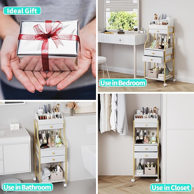 HapiRm Floor Makeup Organizer Storage - Vanity Skincare Make Up Organizers and Storage with Drawers, Cosmetics Display Cases Holder for Skin Care Nail Polish Perfume Makeup Brush, Gold
