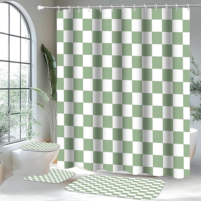 4 PCS Checkered Shower Curtain Sets Fun Gingham Bathroom Sets Soft Non Slip Bath Rugs Toilet Cover U-Shaped Mat Retro Bright Waterproof Shower Curtains with 12 Hooks for Tub Toilet, Green