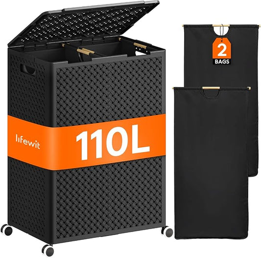 Lifewit 110L Plastic Double Laundry Basket with Lid, Collapsible 2 Section Clothes Hamper with Wheels and Removable Bags, Large Rolling 2 Compartment Bin for Laundry Room Bedroom Bathroom, Black