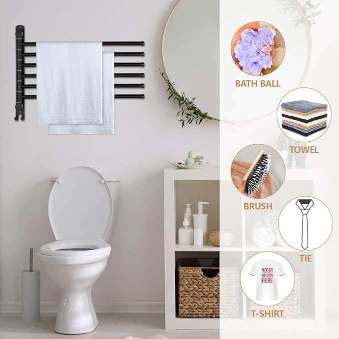 Teenyyou Swivel Towel Rack 20.4 Inches 304 Stainless Steel 6 Arms Bathroom Towel Rack Hanger Space Saving Pool Holder Wall Mounted Swivel Bar with Hook, Matte Black