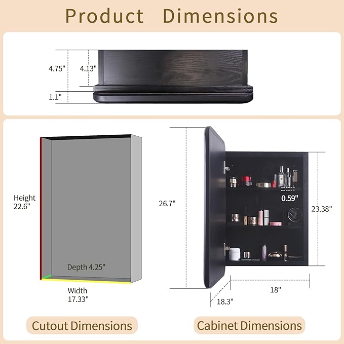 Bathroom Medicine Cabinet with Black Wood Framed Mirror, Recessed or Wall Mount Bathroom Vanity with Storage Shelves 17.5x26 inch
