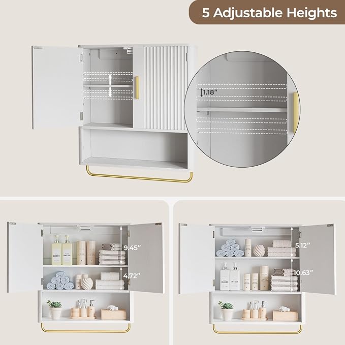 Memobarco Bathroom Cabinet Wall Mount with Fluted Door Panel & Adjustable Shelf, Medicine Cabinet with Open Partition and Towel Bar, Wall Storage Cabinet for Laundry Room & Kitchen (White)