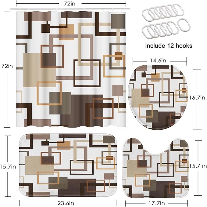 Geometric Brown Shower Curtain Set with Toilet Lid Cover and Non-Slip Rugs, Abstract Square 4 Pcs Shower Curtain for Bathroom, Modern Simple Line Bathroom Decor