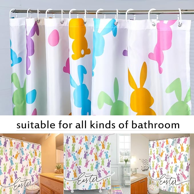 Drydiet 4 Pcs Easter Bunny Shower Curtain Sets 71 x 71 Inches Non Slip Rugs Toilet Lid Cover Bath Mat and 12 Hooks Easter Bathroom Shower Curtain for Bathroom Spring Decorations Farmhouse Home Decor