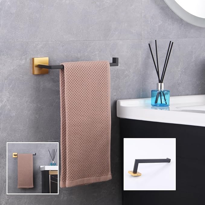 GERZWY Modern Towel Holder Contemporary Style Stainless Steel Towel Hanger Towel Ring for Bathroom Wall Mount (Black & Gold) IG1806-BD