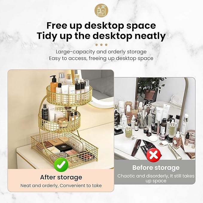 Makeup Organizer Countertop for Vanity, 3 Tier Metal Bathroom Countertop Organizers Skincare Storage Holder Perfume Cosmetic Display, Multi-Use Storage Rack for Bedroom & Kitchen (Gold(Redonda))
