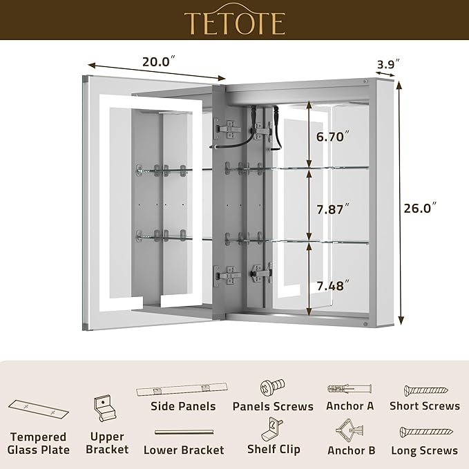 TETOTE LED Lighted Medicine Cabinet Mirror for Bathroom 20 x 26 Tempered Glass Recessed or Wall Mounted Cabinet with Storage & Outlets & USB, 3-Color Dimming Led Lights, Defogger, Adjustable Shelve