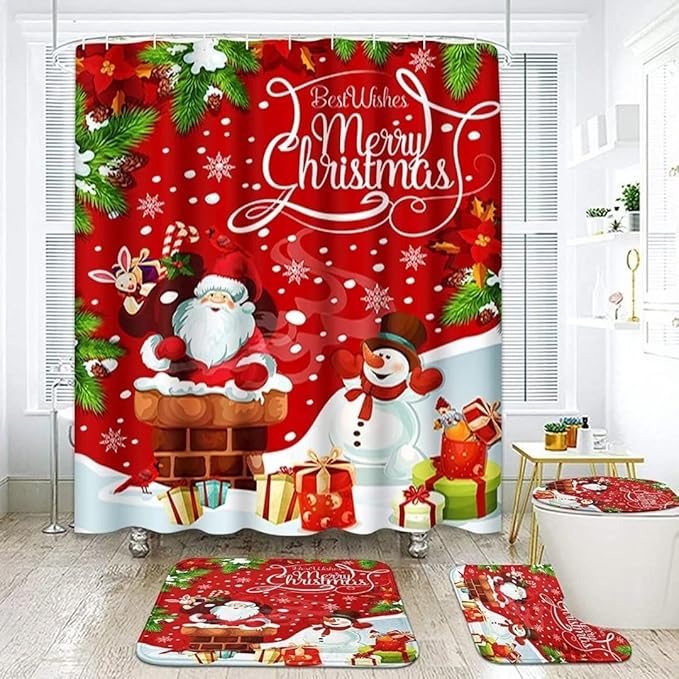 NBVKO 4PCS Merry Christmas Snowman Red Set Shower Curtain,with Non-Slip Rugs,Toilet Lid Cover and Bath Mat,Winter Bathroom Decor Accessory Set