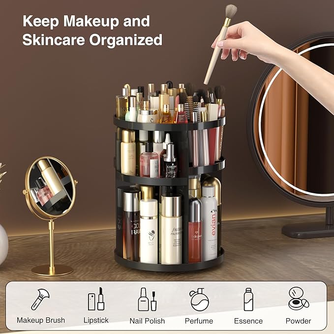 360 Rotating Makeup Organizer Countertop, Acrylic Organizador De Perfumes, 7 Layers Large Make Up Organizer, Huge Storage Fits for Vanity and Bathroom (Black, Small)