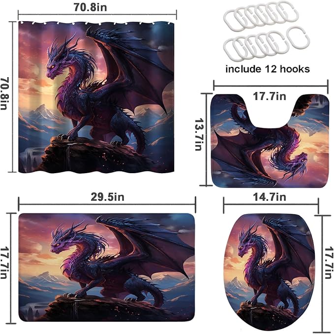 4 Pcs Dragon Bathroom Shower Curtain Set with Rug, Toilet Lid Cover and Bath Mat, Abstract Magic Medieval Blue Animal Bathroom Shower Curtain with 12 Hooks Accessories Decorative