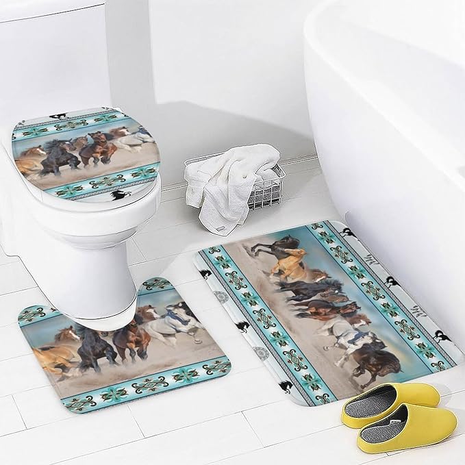 Native Americans Horse 4 Pcs Waterproof Shower Curtain Set,Abstract Tribal Farmhouse Aztec Dream Catcher Horse with Waterproof Toilet Cover Shower Mat Rugs