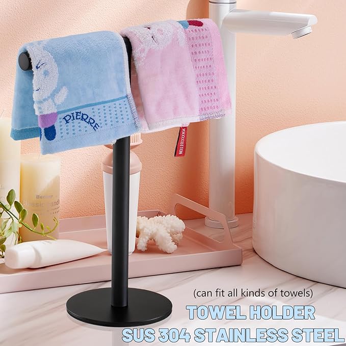 Elibbren Bath Hand Towel Holder Standing, Stainless Steel Matte Black Towel Bar Rack Stand for Bathroom and Kitchen Vanity Countertop, Modern Towel Holder，2 Pack