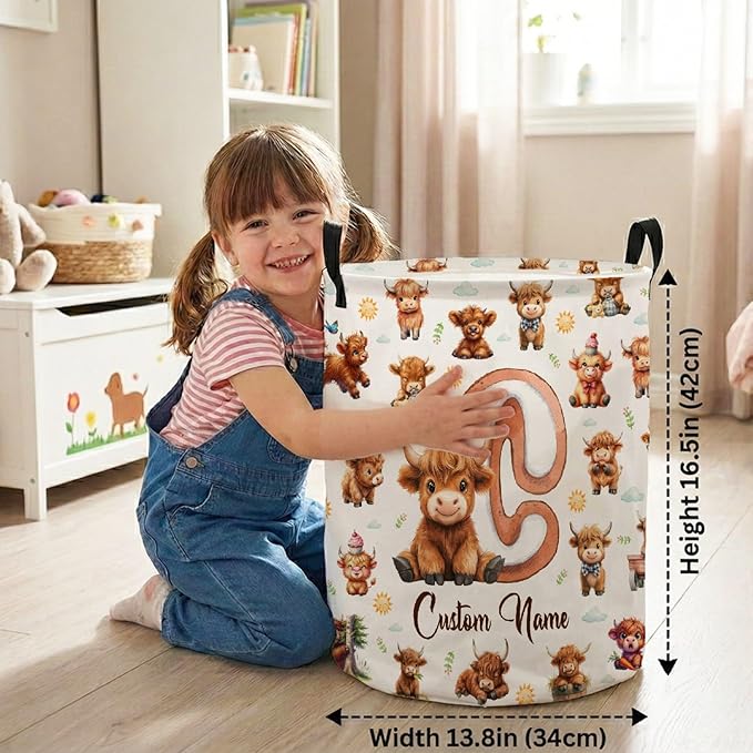 Personalized Highland Cow Laundry Baskets,Custom Cow Gifts, Customized Laundry Hamper for Kids Boys Girls Adults Room,Collapsible Clothes Storage Organizer,16.5 X 13.8in