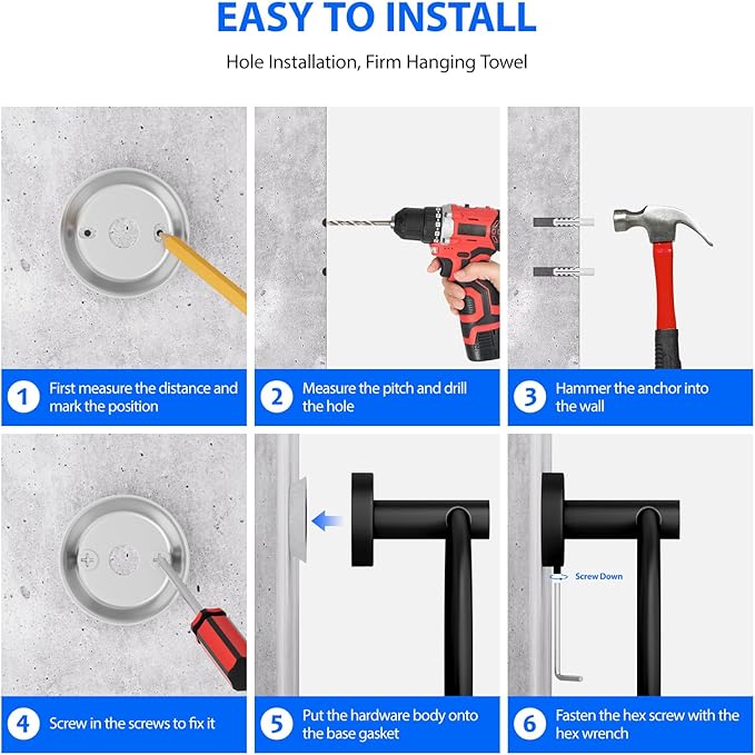 Towel Rings for Bathroom Wall Mount, SUS 304 Stainless Steel Hand Towel Holder, Modern Shower Hardware, Black, 1-Pack