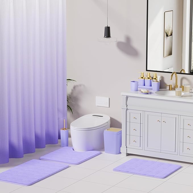 Bathroom Set - 27PC Bathroom Sets with Shower Curtain and Rugs, Purple Bathroom Set, Purple Bathroom Accessories Set with Push-lid Trash Can, Toilet Brush & Soap Dispensers