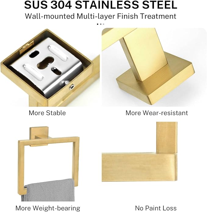 Brushed Gold Towel Ring,Square Hand Towel Holder,Towel Hanger, Bathroom Hardware Accessories,Stainless Steel Wall-Mounted Towel Rack