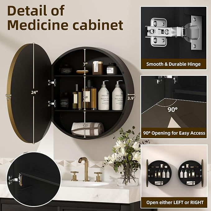 24 x 24 Inch Round Medicine Cabinet Mirror Gold,Circular Bathroom Mirror with Storage Wall Mounted,Metal Framed Medicine Cabinets with Tempered Glass Adjustable Shelves for Bathroom Vanity