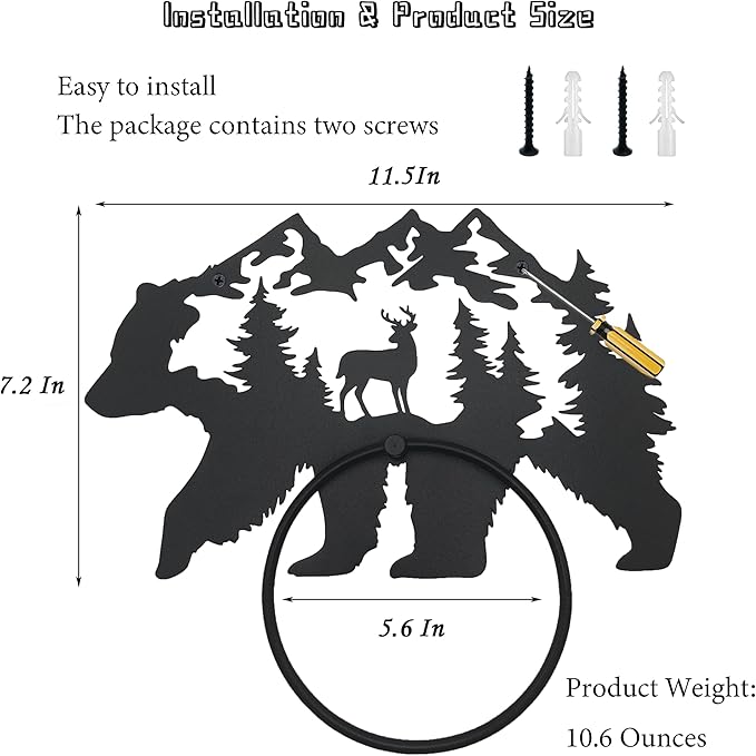 Black Bear Bathroom Decor Towel Holder for Bathroom Wall, Matte Black Log Cabin Towel Hook Rustic Bathroom Towel Rack Wall Mount, Round Towel Ring for Woodland Bathroom