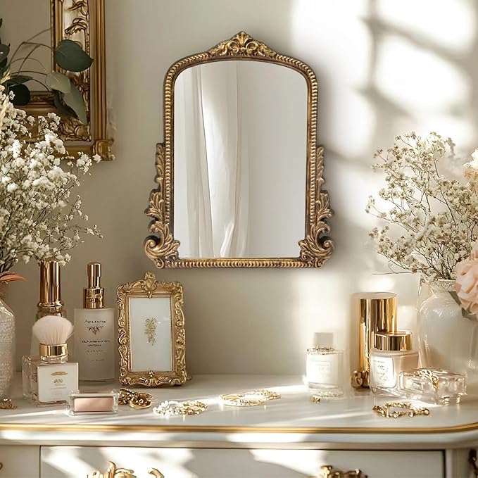 Vintage Gold Makeup Desk Mirror, Antique Traditional Vanity Table Mirror, Small Carved Arched Standing Mirrors, Adjustable Dress-up Mirrors for Tabletop, Standing or Hang, 11.8" L x 9.6" W
