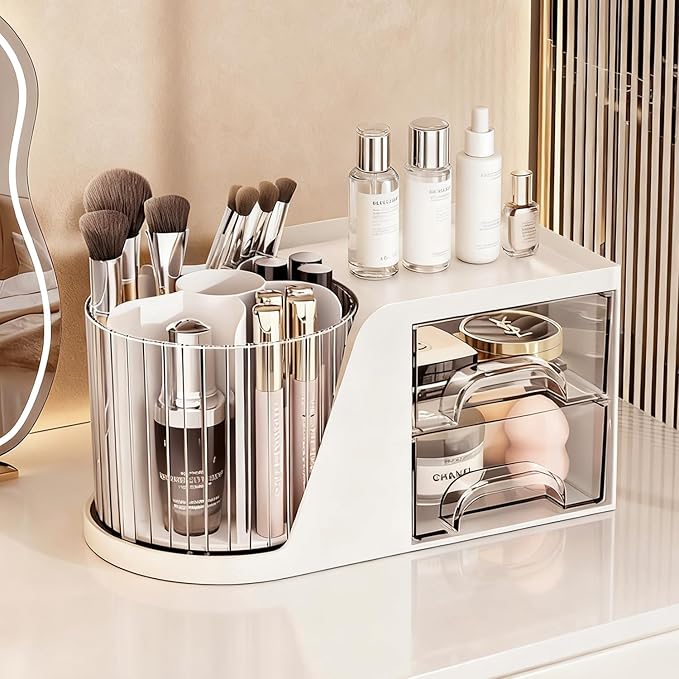KHNR Makeup Organizer for Vanity, Vanity Organizer with 2 Drawers and Rotating Brush Holder, Bathroom Organizer Countertop, Cosmetic Organizer for,Lipsticks,Nail Polish (White)