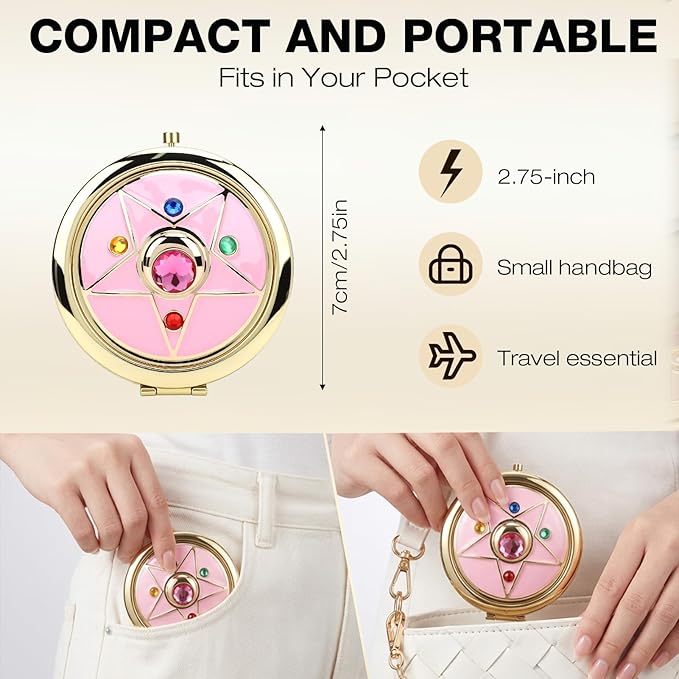 Anime Star Makeup Mirror, Cute Japanese Style Portable Folding Mirror with Crystal - 2.75 Inch Travel Purse Mirror, Unique Cosmetic Mirror & Cosplay Prop Gift for Women and Girls