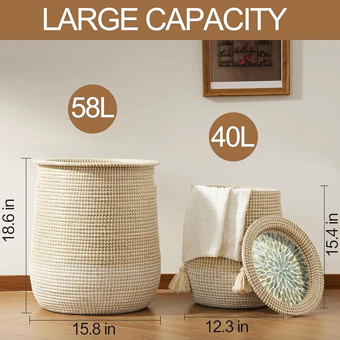 Laundry Hamper(2 Pices) with Lid Handles 14.96Gal & 7.43Gal Seagrass Laundry Hamper Round Decorative Basket Handwoven Rattan Storage Basket with Removable Liner for LivingRoom Bedroom Bathroom