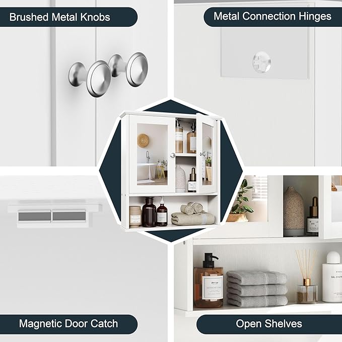 DL-win Medicine Cabinets with Mirror, Wall Mounted Bathroom Cabinet with Adjustable Shelves, White Storage Organizer for Toiletries, Towels & Daily Essentials