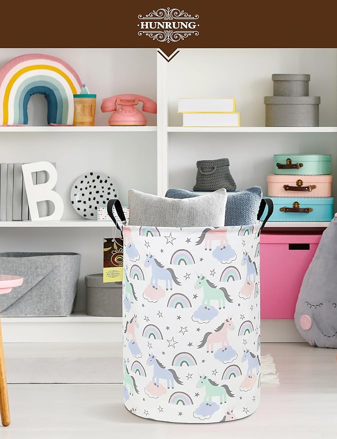 HUNRUNG Laundry Hamper,Large Canvas Fabric Lightweight Storage Basket Toy Organizer Dirty Clothes Collapsible Waterproof for College Dorms???Round-Star Unicorn???