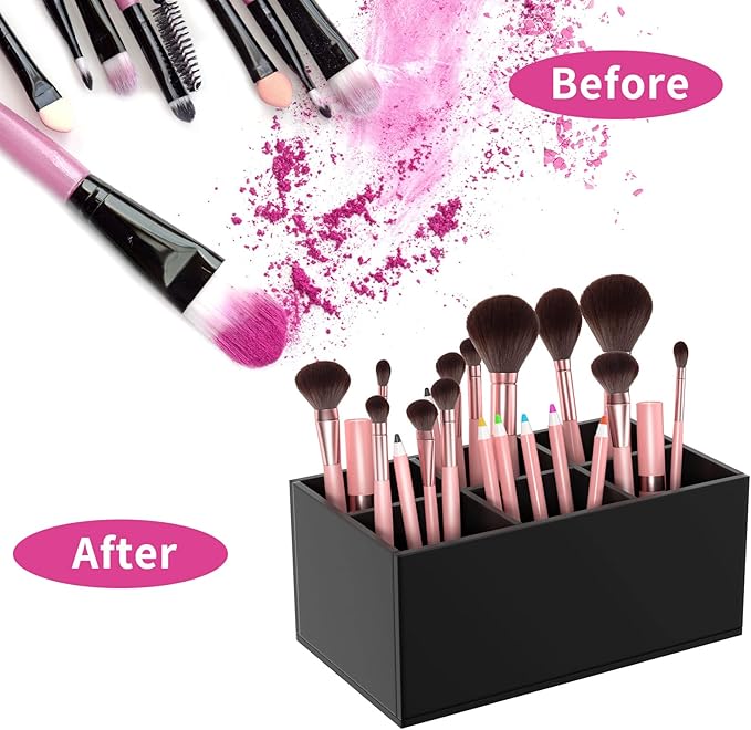 HIIMIEI Black Makeup Brush Holder Organizer Acrylic 6-Slots Cosmetic Brushes Storage Organizer for Vanity Countertop