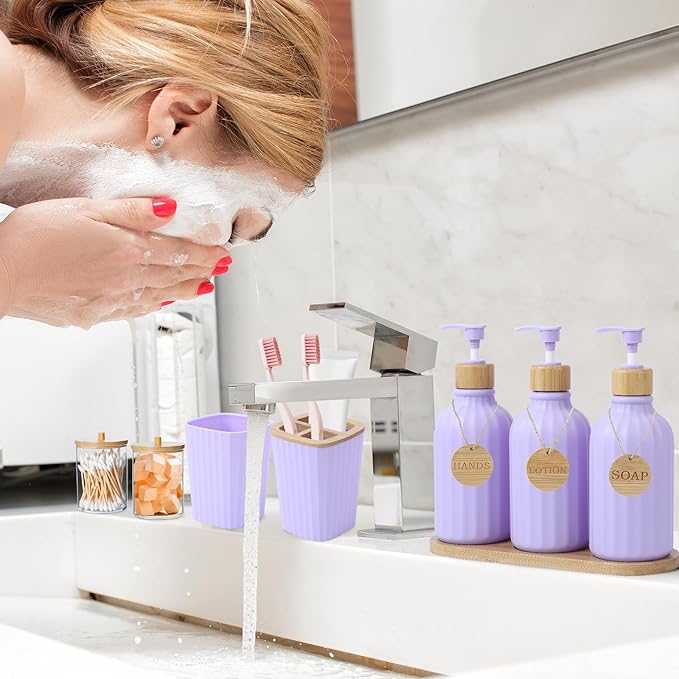 Light Purple Bathroom Accessories Set 17PCS Bathroom Set with Trash Can 3PCS Lotion Soap Dispenser, Toothbrush Holder, Soap Dish,Tumbler Cup,6PCS Wood Tags Bath Accessories with Tray for Bathroom