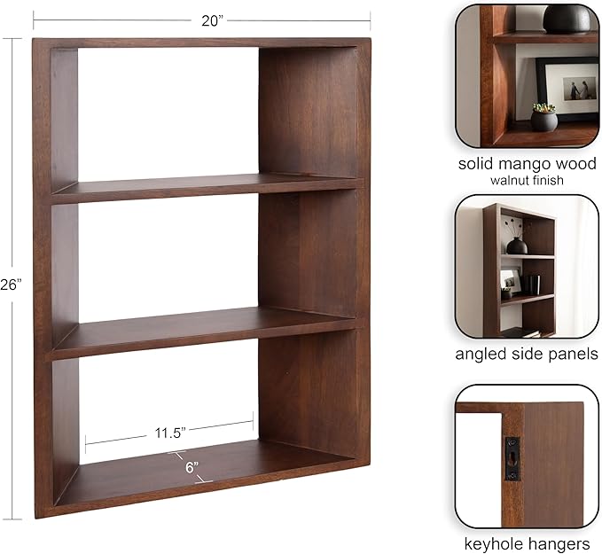 Kate and Laurel Akita Modern Angled Three-Tier Wall Shelf, 20 x 6 x 26, Walnut Brown, Decorative Over The Toilet Shelf for Use as Bathroom Storage or Living Room Display Shelving