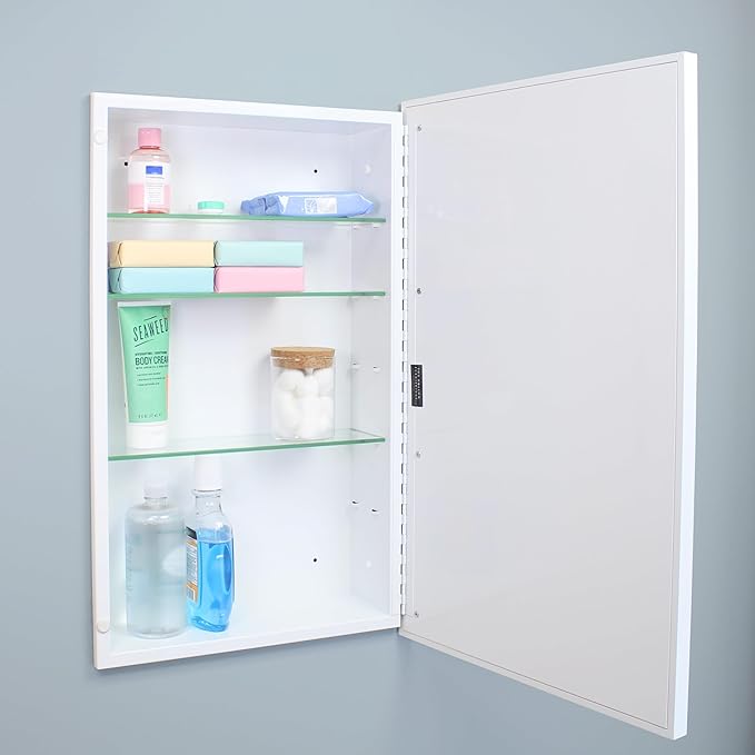 Fox Hollow Furnishings 16x26 Parker Metro Metal Framed Rectangle Recessed Bathroom Medicine Cabinet, Floating Mirror, 14x24 in-Wall Opening, Steel, Adjustable Glass Shelves, Magnet Close, White