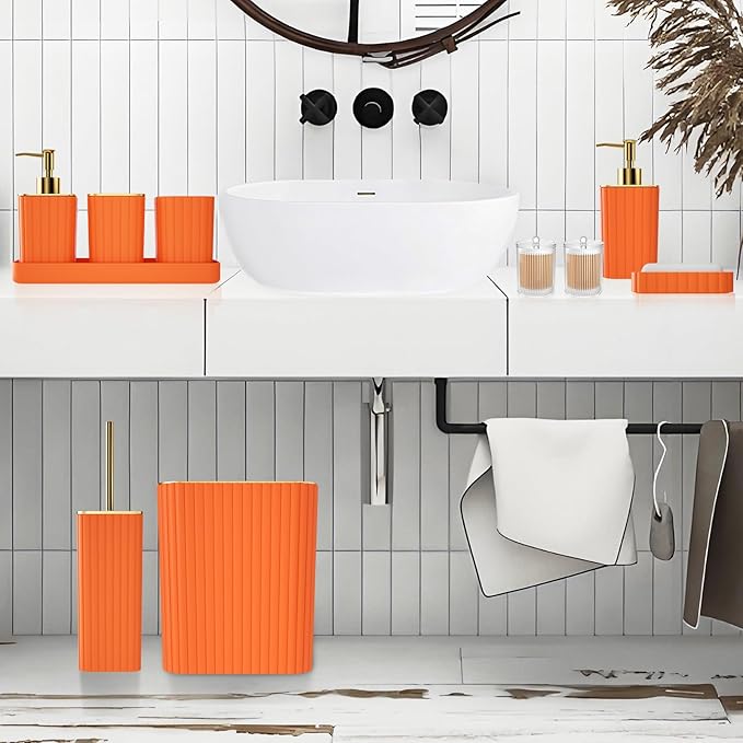 XLHOMO Bathroom Accessories Set - Gorgeous Bathroom Set, 10PC Orange Bathroom Accessory Set, Orange Bathroom Sets, Toilet Brush, Trash Can & Soap Dispenser
