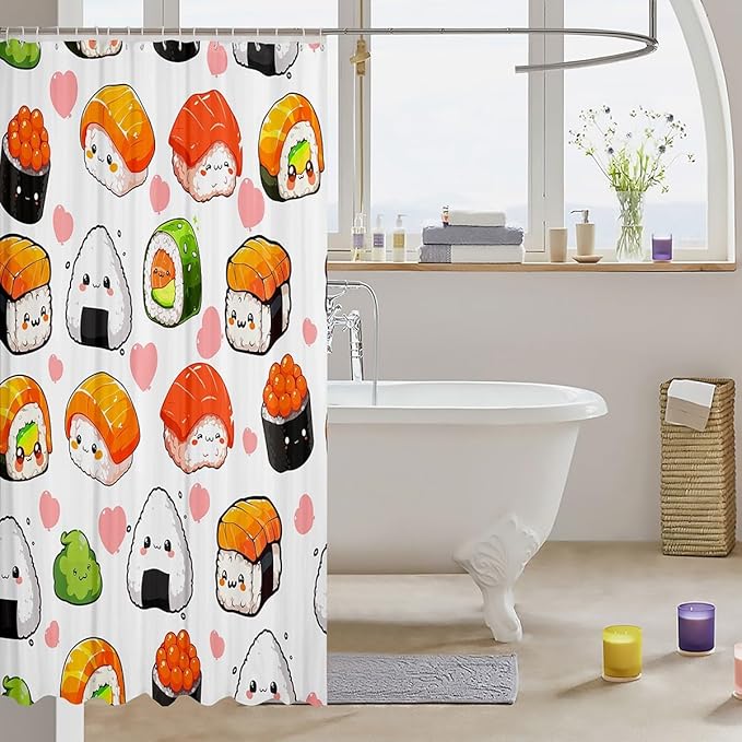 Feelyou Kids Cute Sushi Shower Curtain Boys Girls Japanese Style Kawaii Decor Bathroom Curtain for Lovely Sushi Pink Heart Bath Curtain Cartoon Waterproof Fabric Curtain Stalls Bathtubs Decor 72"x72"
