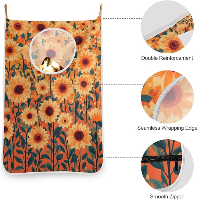 Orange Sunflowers and Poppy Flowers Door Hanging Laundry Hamper Bag with Free Adjustable Stainless Steel Hooks Dirty Clothes Hamper Extra Large Over the Door Laundry Hamper 29.5X20inch 2Pack