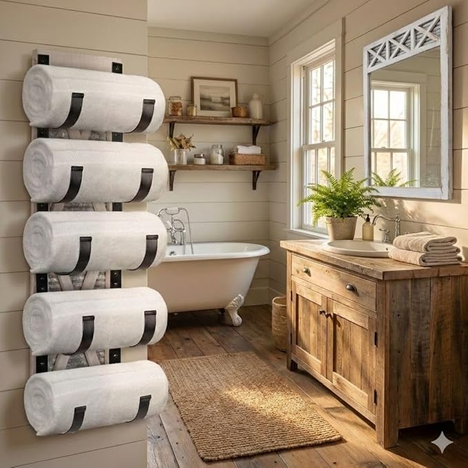 Autumn Alley Farmhouse Towel Holder, Rustic Wine Rack, Rolled Towel Rack, and Wine Holder for Farmhouse Bathroom Accessories Décor, Wall Mounted Towel Rack, Rustic White