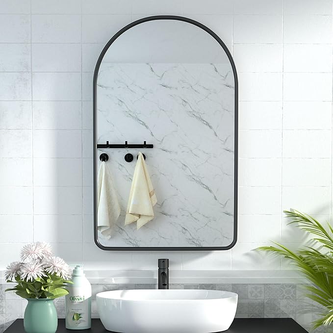 Arched Medicine Cabinet with Mirror,20x31 Inch Black Recessed Bathroom Cabinet, Modern Mirror Cabinet Surface Mount,Black Arched Medicine Cabinet with Storage,Adjustable Shelves
