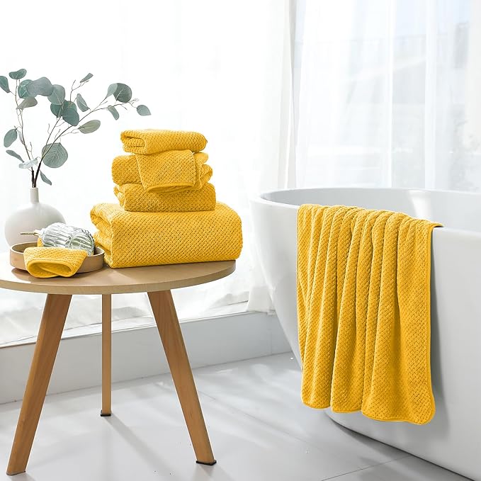 8 Piece Bathroom Towel Set |2 Oversized Bath Towels,2 Hand Towels,4 Washcloths| 600GSM Soft Large Bath Sheet Luxury Premium Microfibers Towel Highly Absorbent Quick Dry Hotel Towel Collection,Yellow