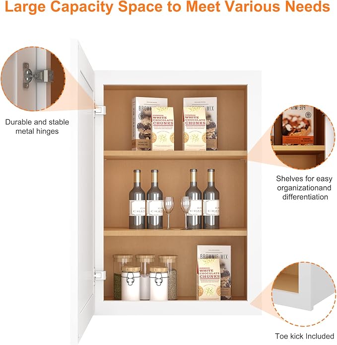 ROOMTEC Wood Wall Cabinet,RTA Single Door Medicine Cabinet with Adjustable Shelves and Soft-Close Door for Kitchen, Bathroom, and Laundry. 12" D*21" W*30" H, Traditional White