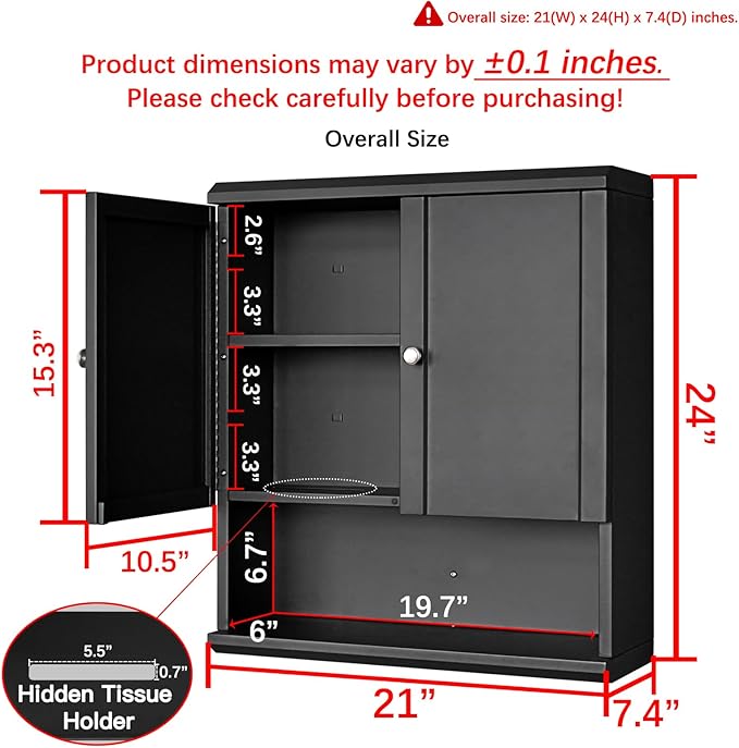 Fundin Black Bathroom Wall Metal Cabinet with Hidden Tissue Slot & Adjustable Shelves, Over The Toilet Storage Cabinet for Bathroom Laundry Room