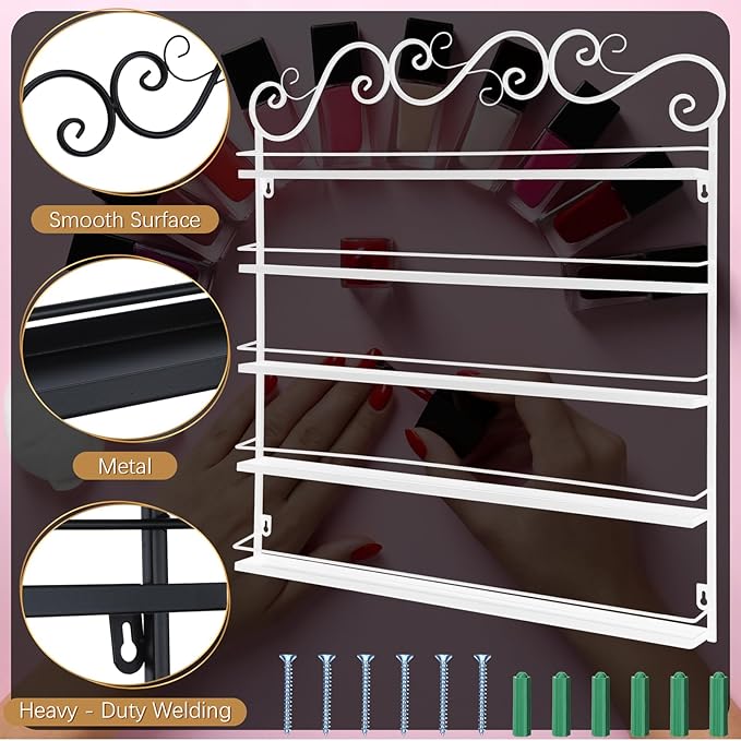Sintuff 3 in 1 Nail Polish Rack Wall Mount Nail Polish Organizer 5 Tiers Shelf Storage Display Holder Stand Holds 200 Bottles for Home Salon Business Spa(White)