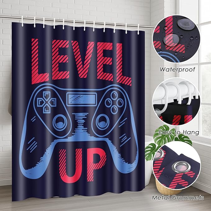 ArtSocket Fun Game Bathroom Set with Shower Curtain and Rugs Accessories, Computer Gamer Child Play Game Shower Curtain, Level Up Bathroom Decor 4 Pcs