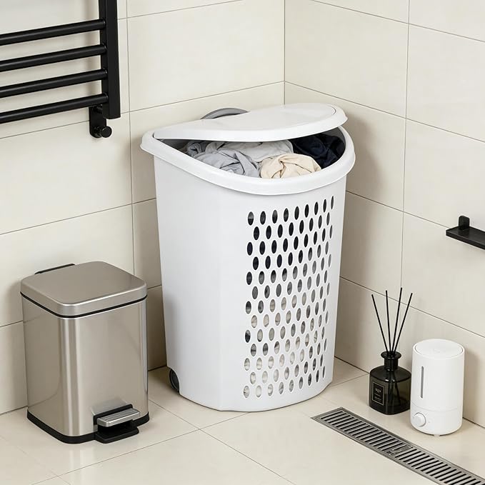 Wheeled Hamper, Plastic Laundry Hamper with Handle for Easy Transport, White
