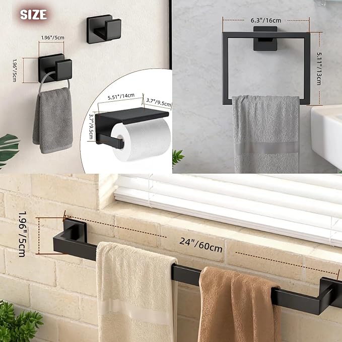 10Pcs Matte Black Bathroom Hardware Set, 24 Inch Towel Holder Accessories, Towel Rack Wall Mounted, Stainless Steel Square Hand Bar for Bathroom Shower Bath Kitchen Wall Mounted