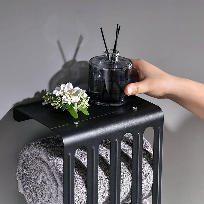 simpletome Towel Storage Rack Adjustable Height Wall Mount Bathroom Shelf Organizer Carbon Steel (Matte Black)